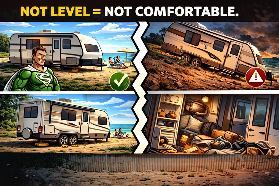 Comic guidebook panel 09: Leveling Your RV