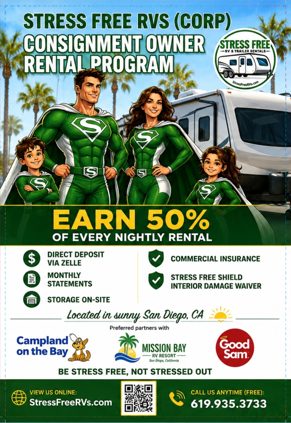 Stress Free RVs Consignment Owner Rental Program flyer — earn 50% of every nightly rental