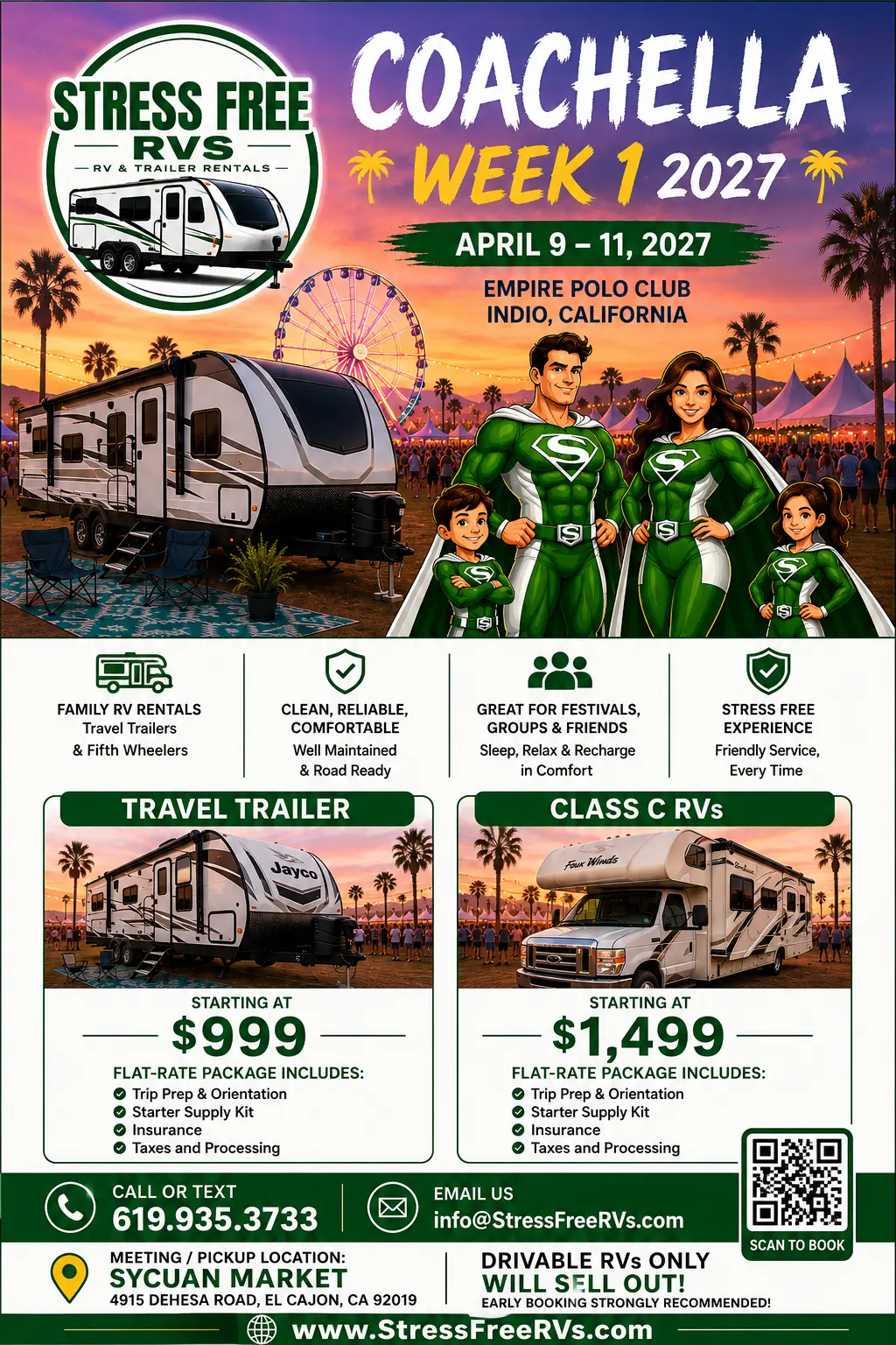 Stress Free RVs Coachella Weekend 1 2027 flier — travel trailer and Class C motorhome event packages