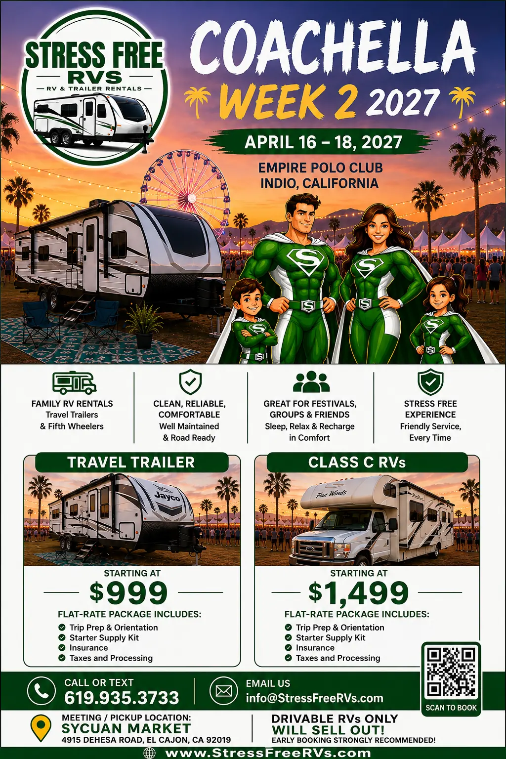 Stress Free RVs Coachella Weekend 2 2027 flier — travel trailer and Class C motorhome event packages