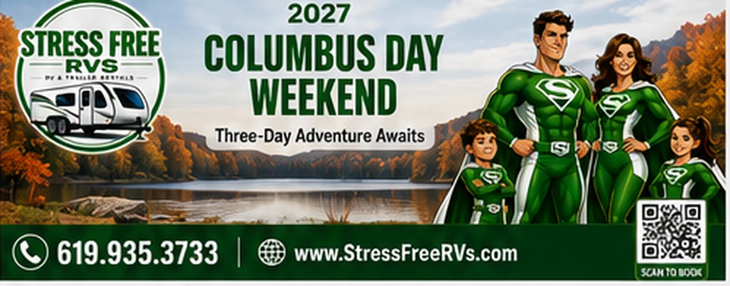 Stress Free RVs Columbus Day Weekend 2027 banner — motorhome at an autumn campsite