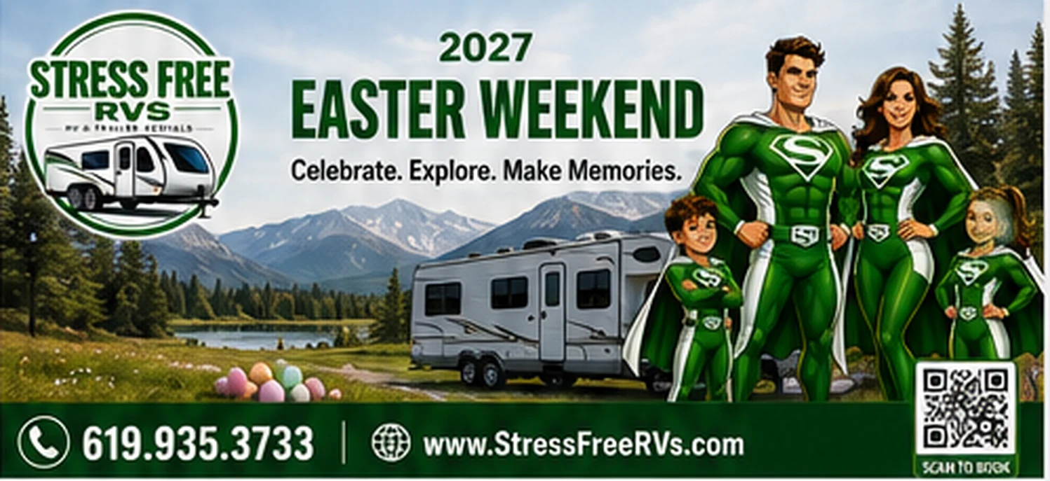 Stress Free RVs Easter Weekend 2027 banner — travel trailer at a mountain meadow campsite