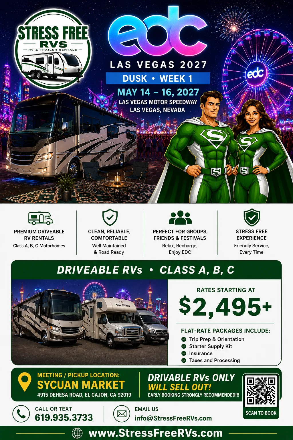 Stress Free RVs EDC Las Vegas 2027 flier - EDC Dusk weekend 1, May 14-16, drivable RV packages from $2,495