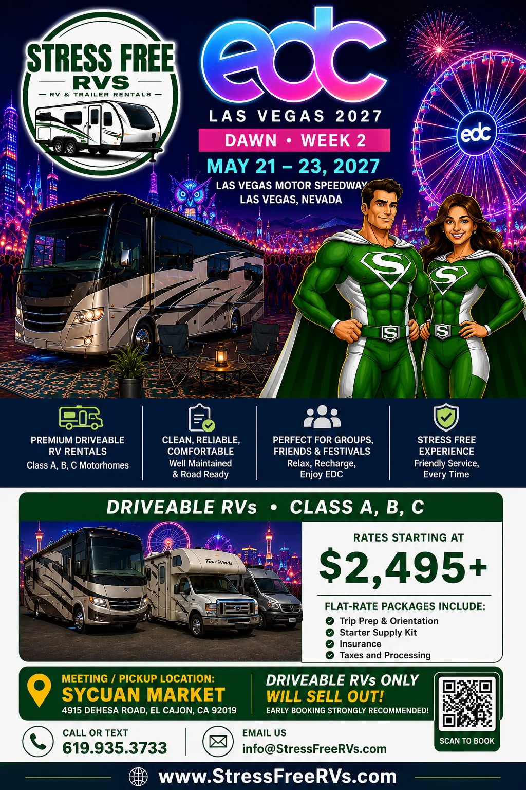 Stress Free RVs EDC Dawn · Weekend 2 2027 flier