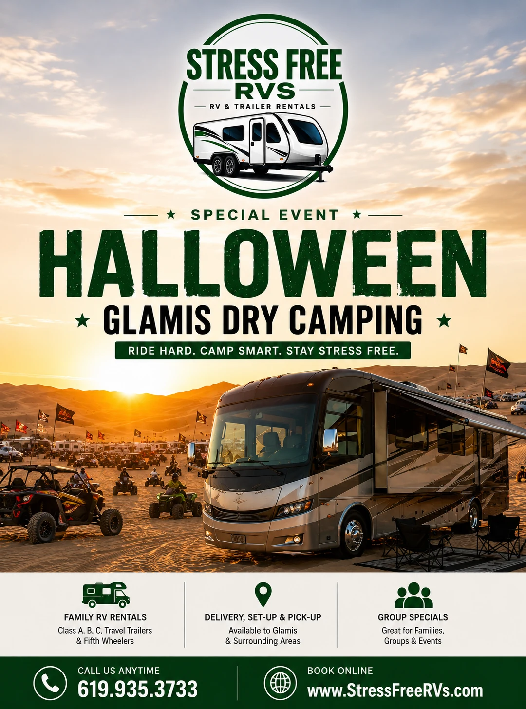 Stress Free RVs Halloween at Glamis flier — Class A motorhome and UTVs on the sand dunes at sunset