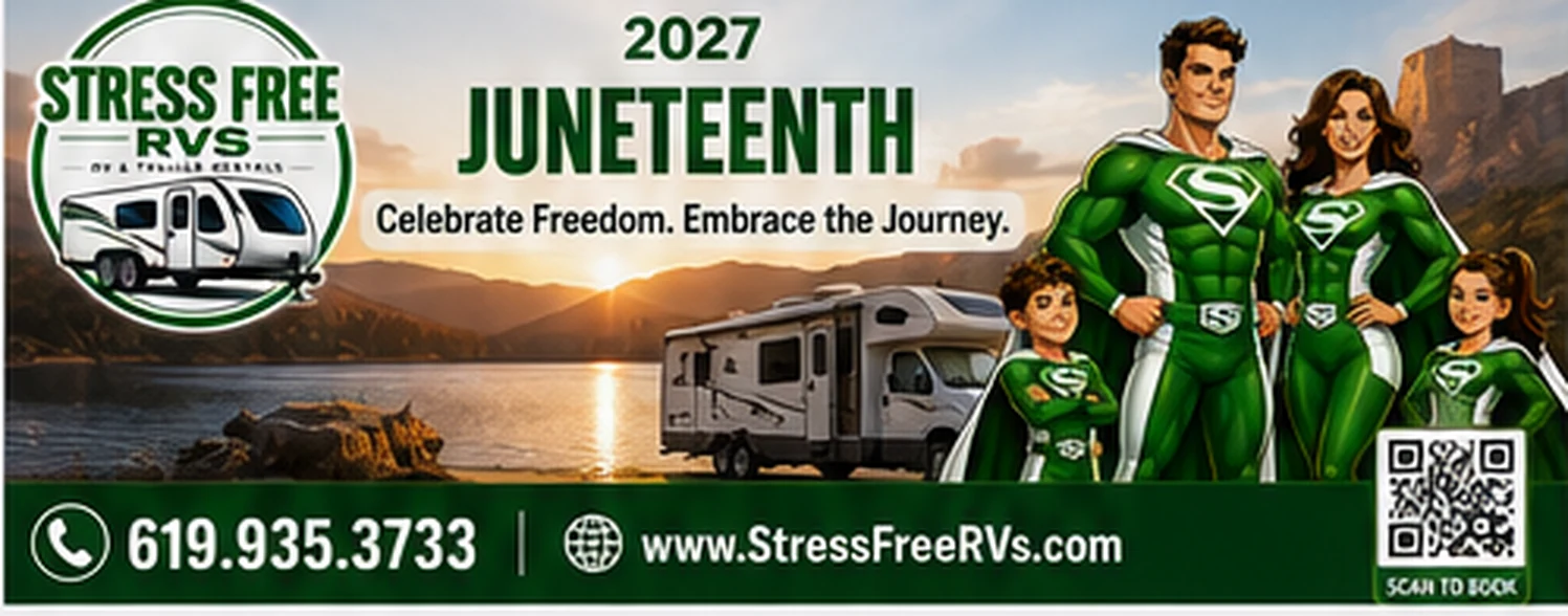 Stress Free RVs Juneteenth 2027 banner — motorhome at a lakeside campsite at sunset