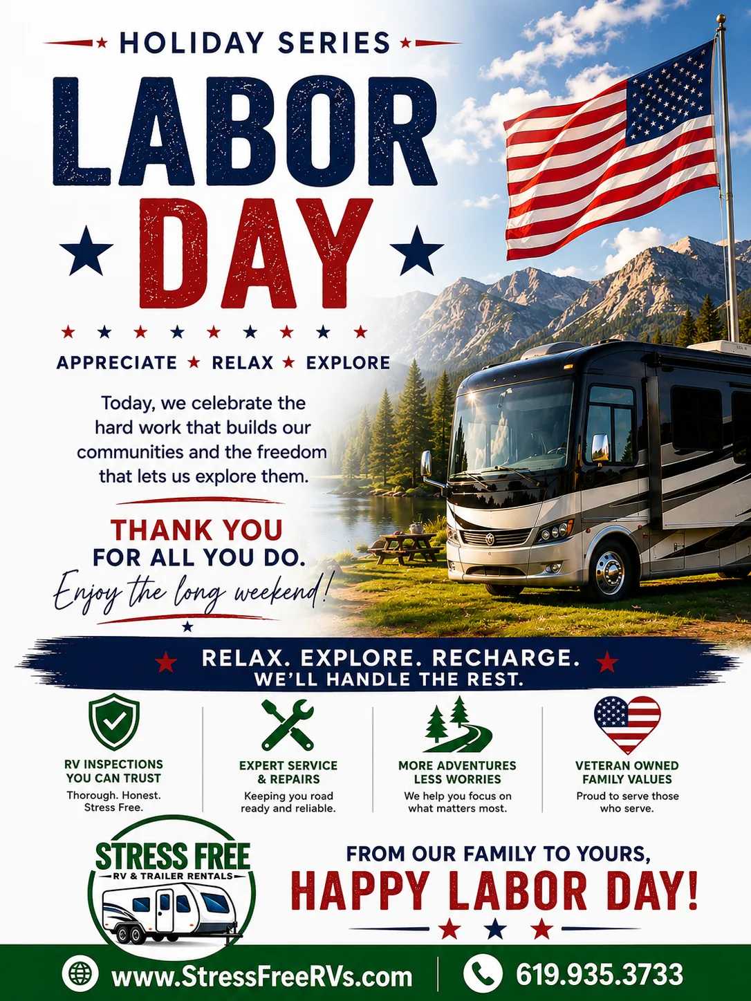 Stress Free RVs Labor Day 2026 flier — motorhome at a forested campsite beside an American flag