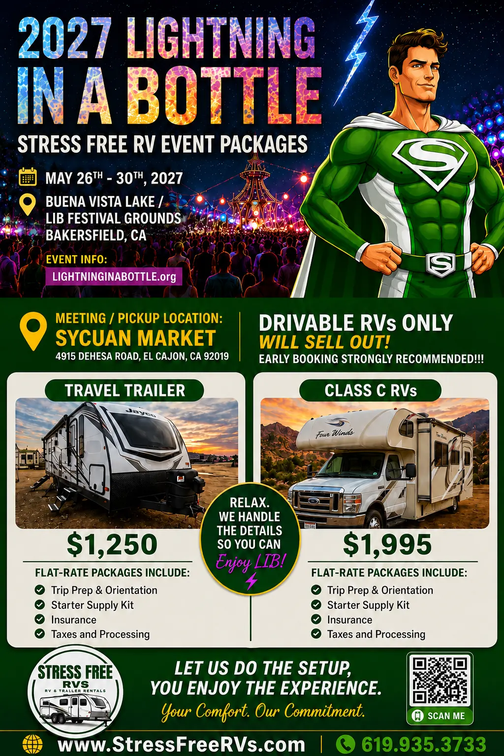 Stress Free RVs Lightning in a Bottle 2027 flier — May 26–30, Buena Vista Lake, Bakersfield