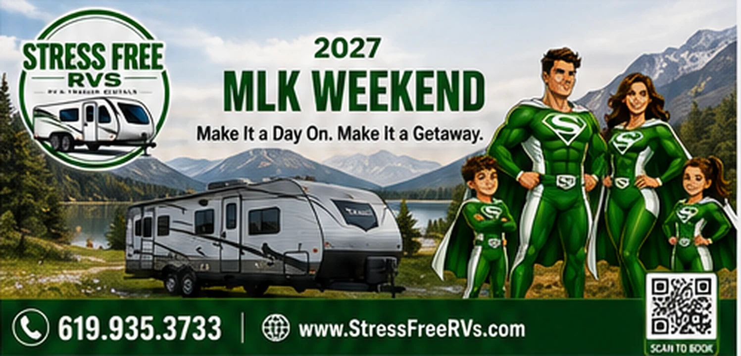 Stress Free RVs MLK Weekend 2027 banner — travel trailer at a lakeside campsite