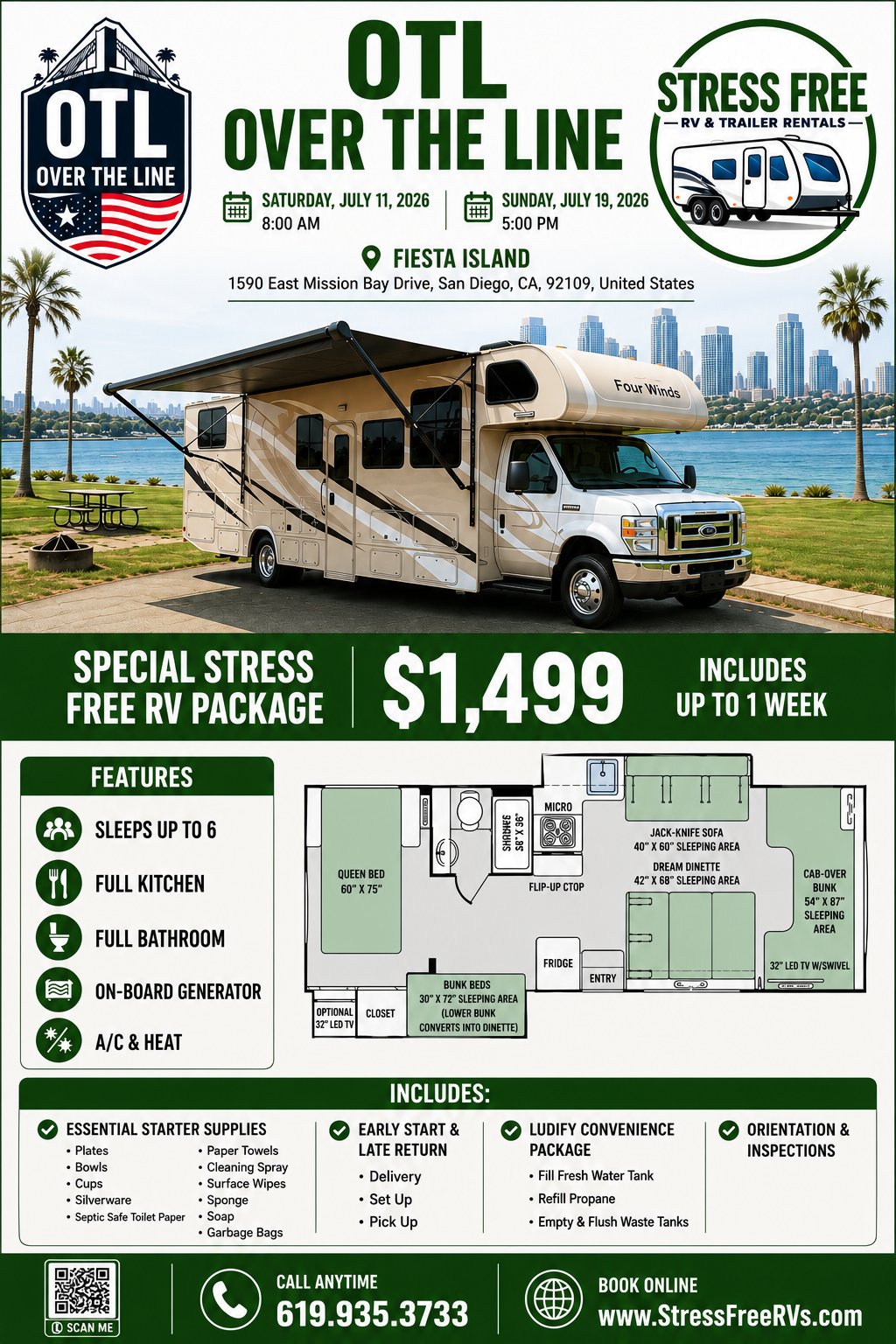 OTL Over The Line 2026 — delivered RV lodging near Fiesta Island and Mission Bay