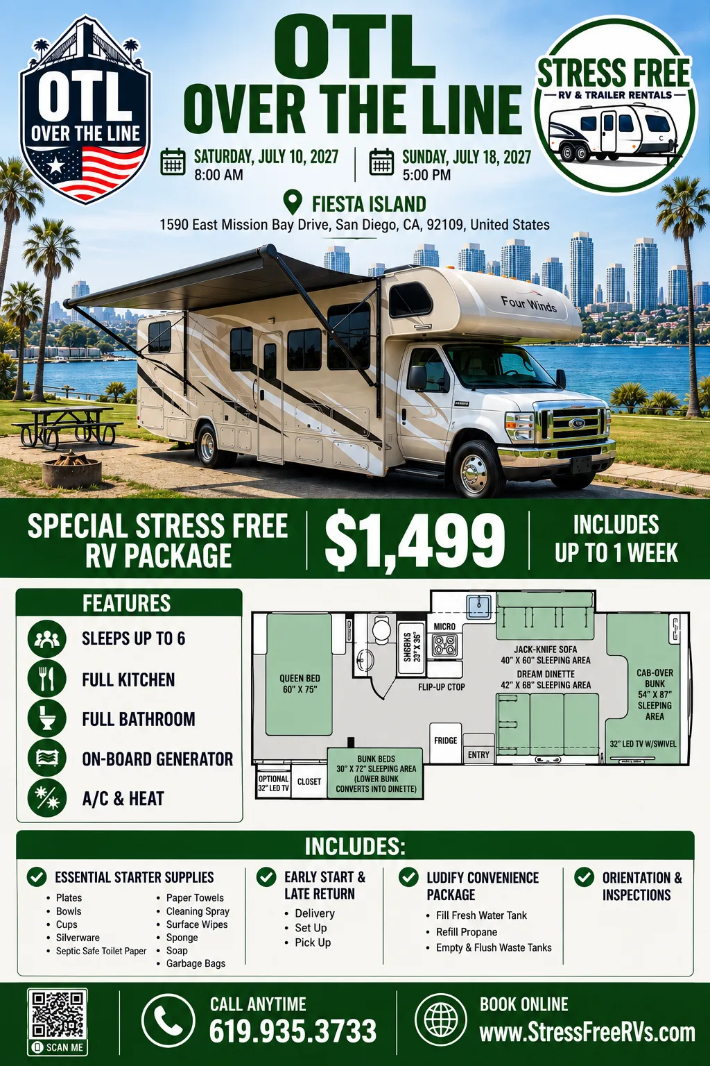 Stress Free RVs OTL Over The Line 2027 flier - Fiesta Island, July 10-18, $1,499 package up to one week