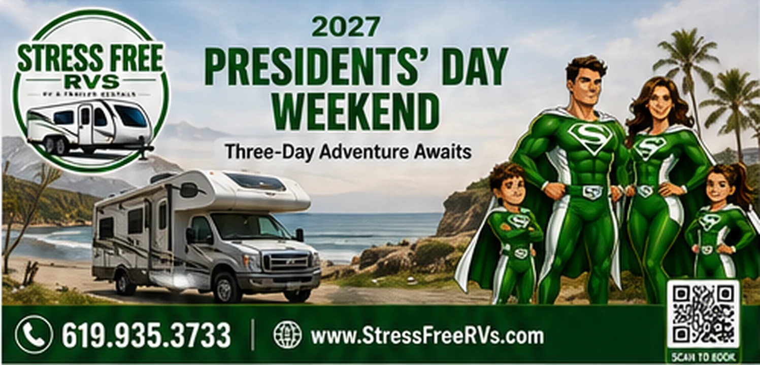 Stress Free RVs Presidents' Day Weekend 2027 banner — Class C motorhome at a coastal campsite