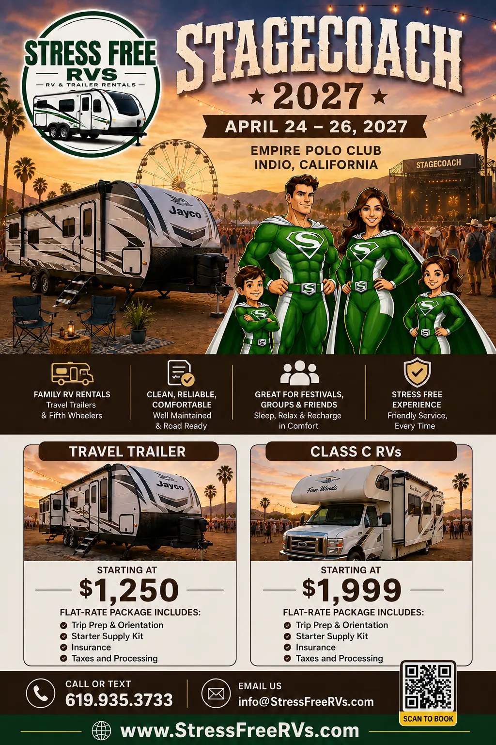 Stress Free RVs Stagecoach 2027 flier — travel trailer and Class C motorhome event packages