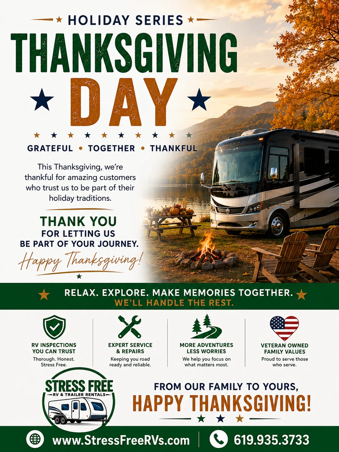 Stress Free RVs Thanksgiving 2026 flier — motorhome at an autumn campsite with a campfire