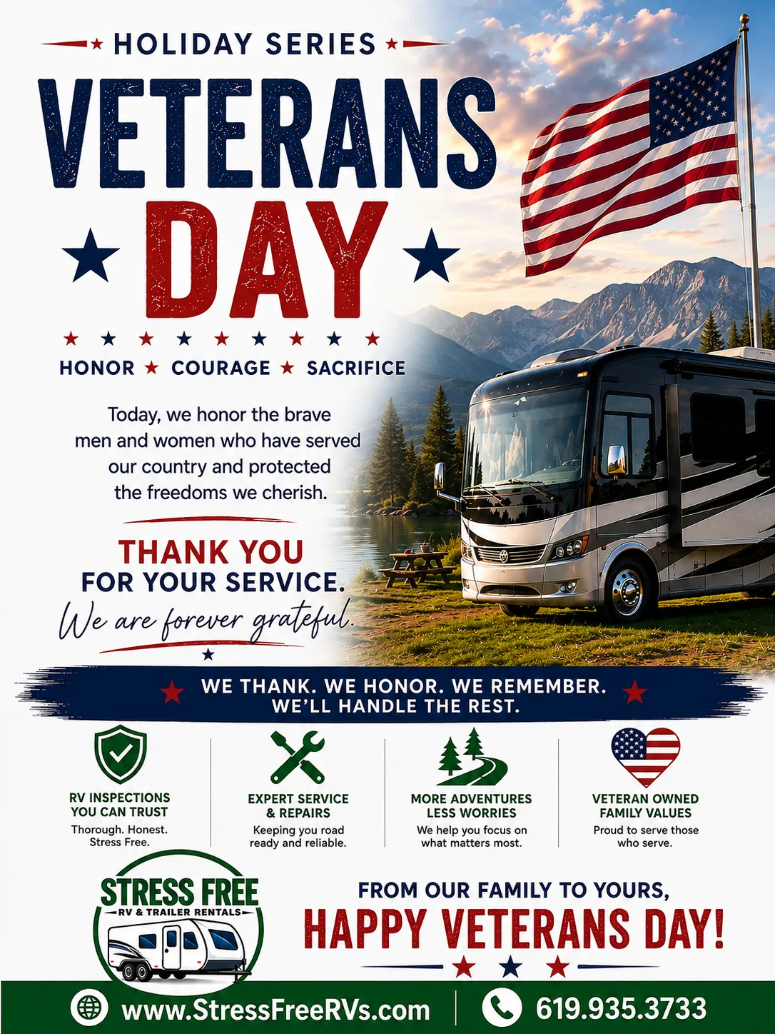 Stress Free RVs Veterans Day 2026 flier — motorhome at sunrise beside an American flag