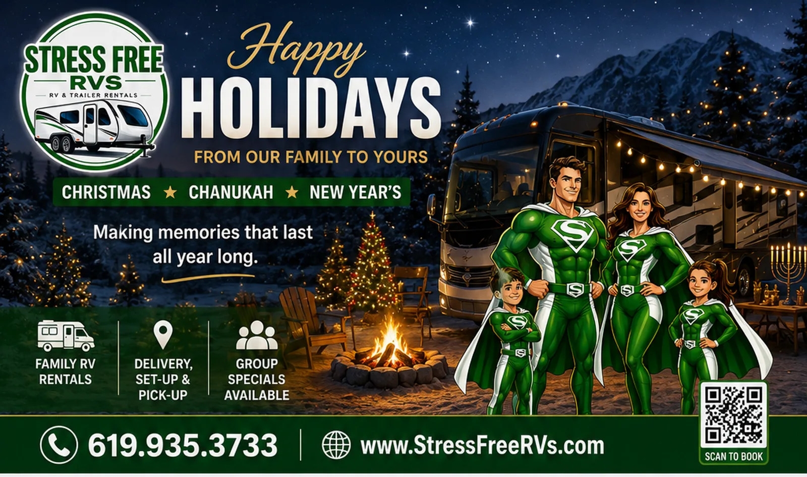 Stress Free RVs Happy Holidays flier — motorhome at a snowy mountain campsite with a lit Christmas tree and menorah