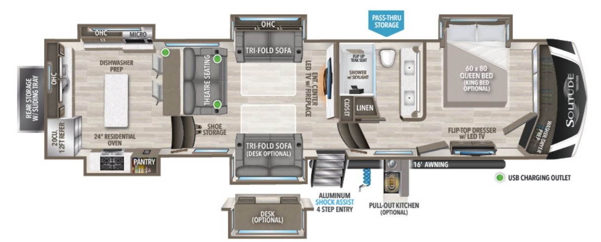 [71] 2023 Solitude 390RK – Rear Kitchen 5th Wheel floor plan